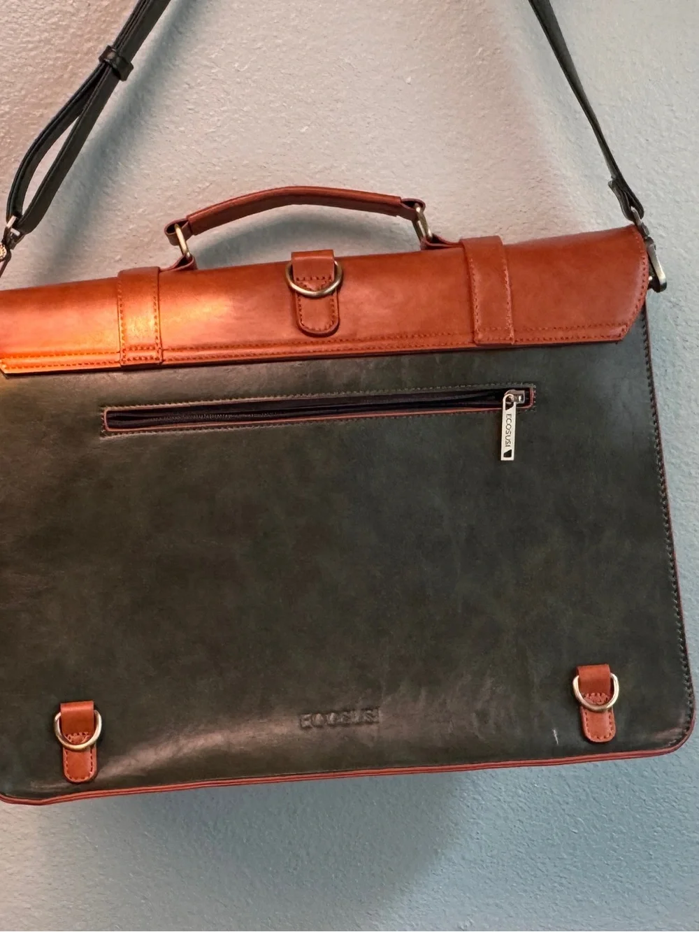 Three-Tone Chestnut Brown, Cream and Forest Green Leather Briefcase